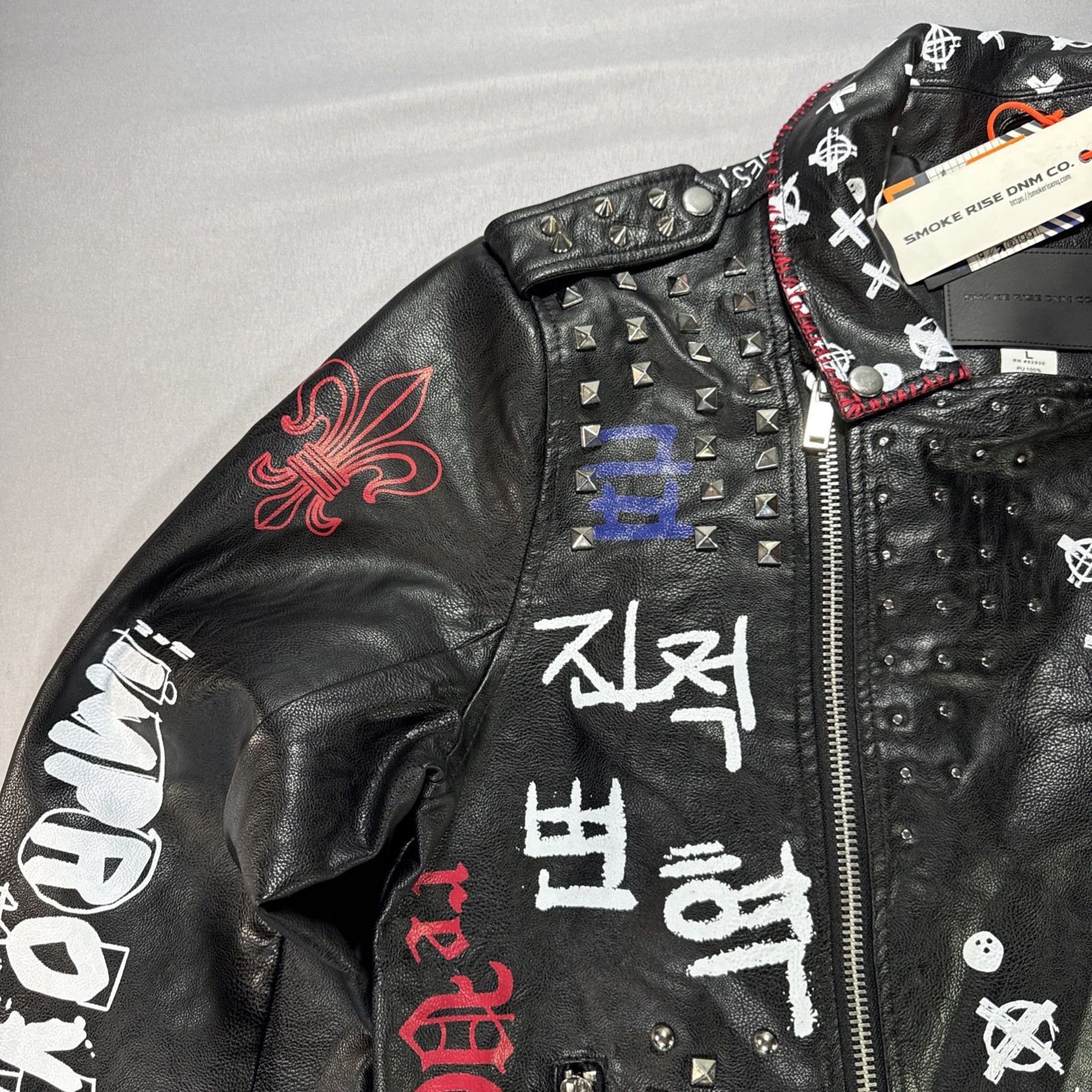 Smoke Rise Graffiti Vegan Leather Jacket Large Studded Punk Rock Moto Music NWT