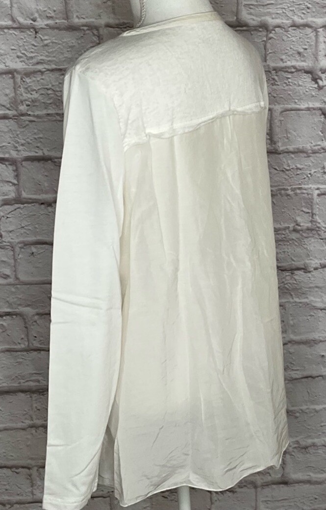 Soft Surroundings M Mixed Media Off White Top Rhinestone Button Silk
