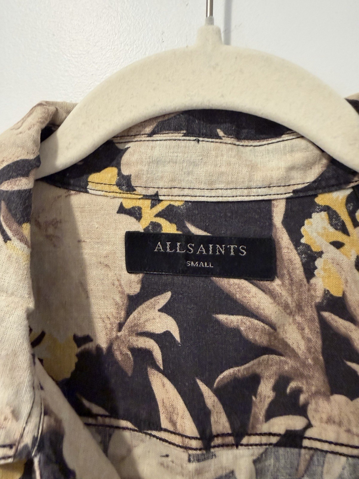 ALLSAINTS Men’s S Floral Button-Up Shirt Black Beige Yellow Long Sleeve – Size S
