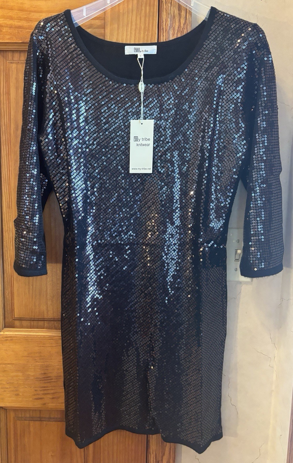 My Tribe BOUTIQUE NWT Sequin Cashmere Mini Sweater Dress Large BLACK