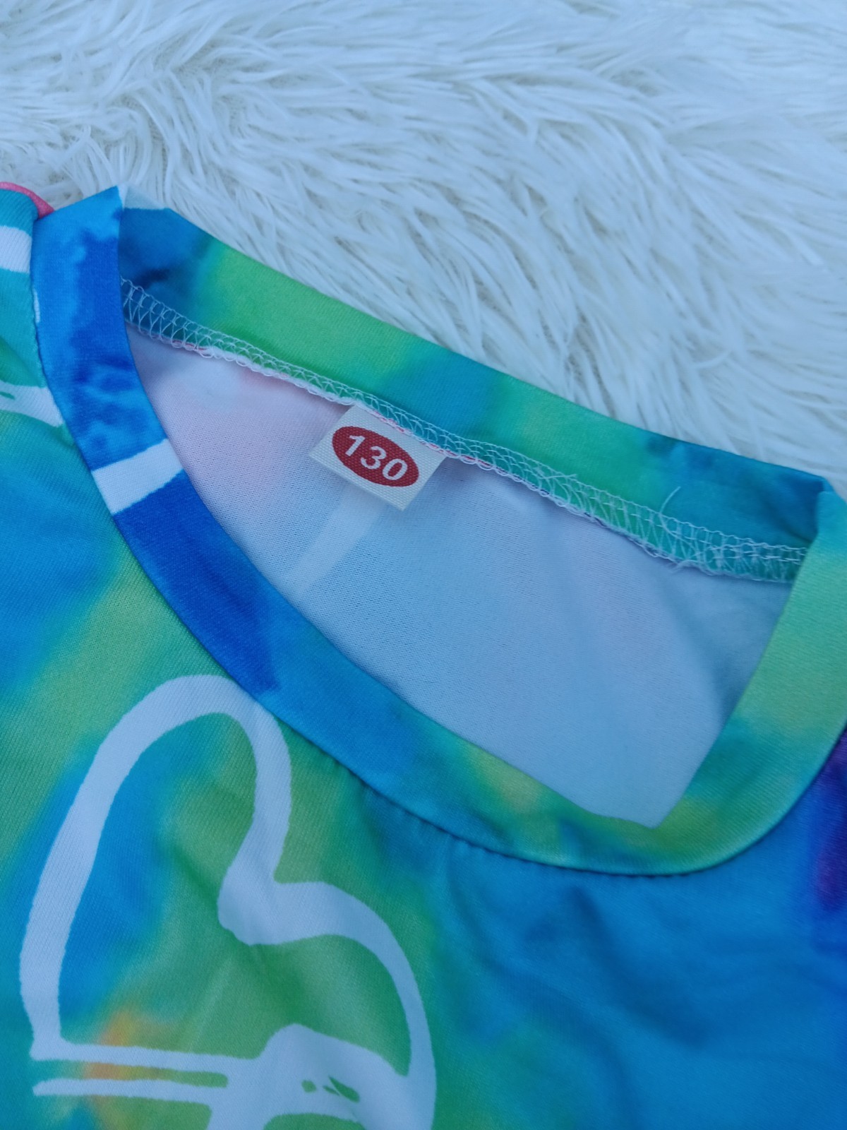 Girls Tie-Dye Heart Print Crew Neck Short Sleeve Stretch T-Shirt Size 130