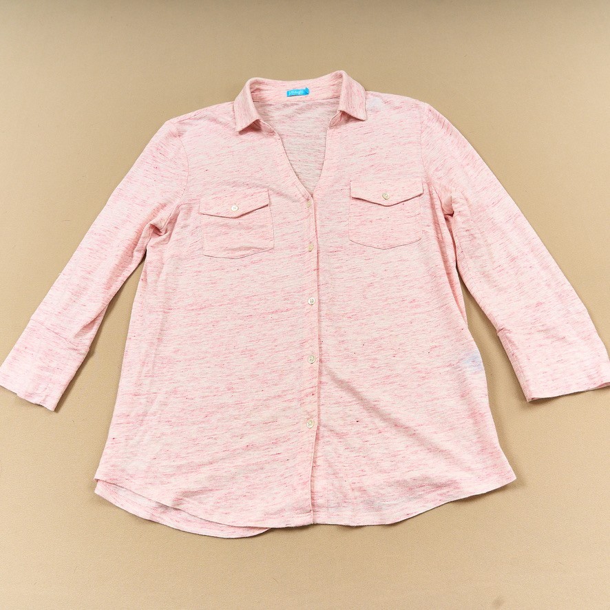 J McLaughlin Button Front Shirt Womens M Linen Spandex Knit Pink Collar
