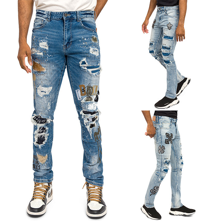 G-STYLE USA Men’s Casual Patched and Distressed Denim Jeans JP21611 JP21617
