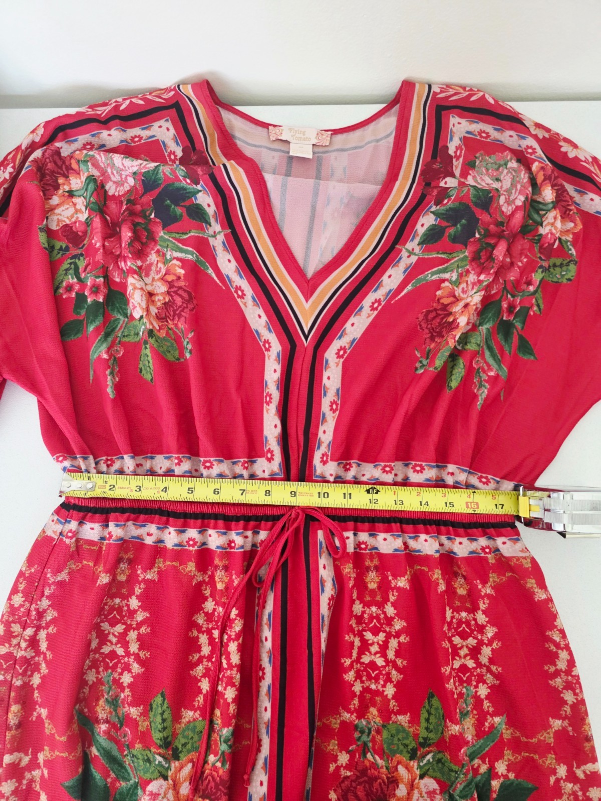 FLYING TOMATO Plus Size Red V-Neck Boho-Inspired Floral Print Midi Dress Sz 3X