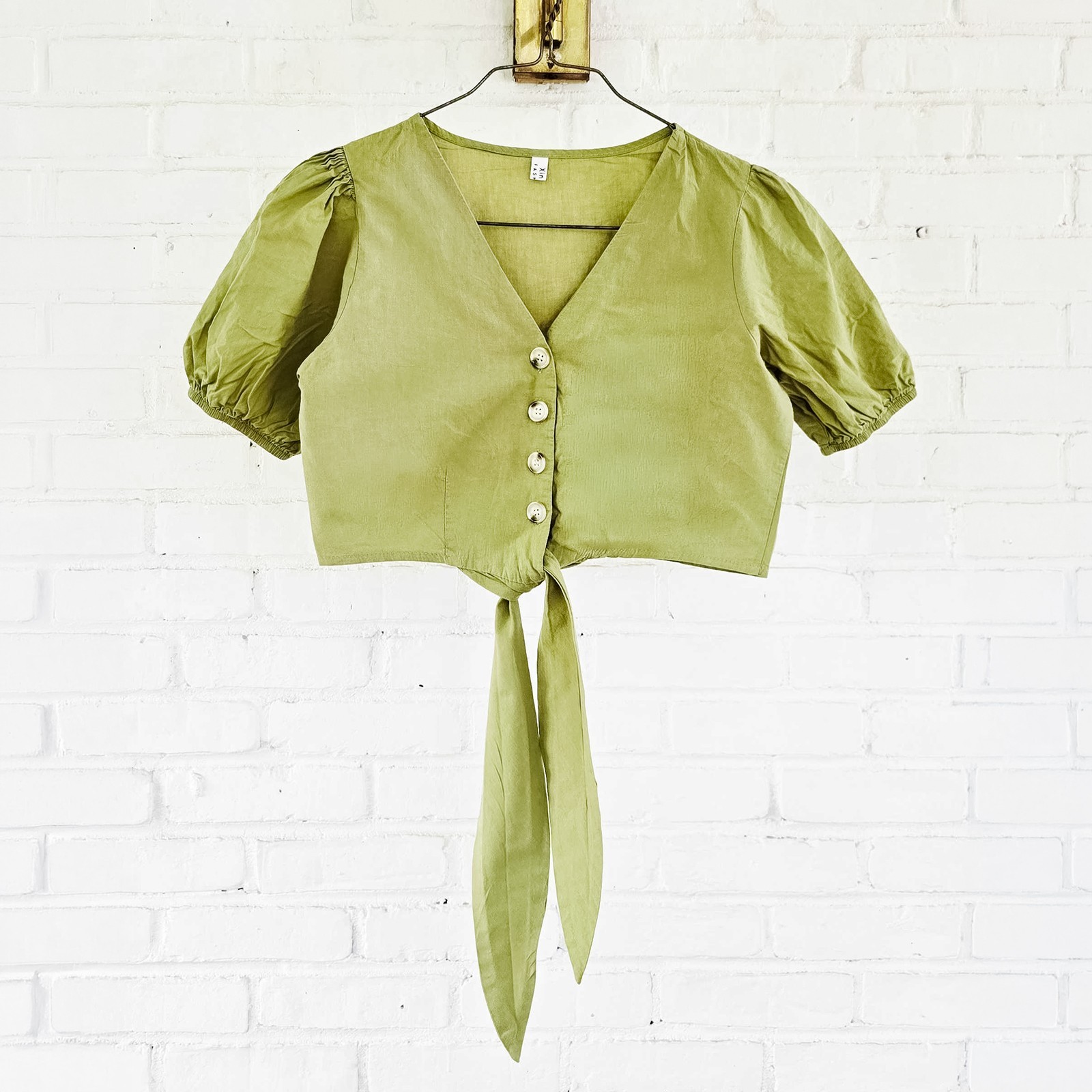 Green Linen Cropped Puff Sleeve Button Front Tie Waist Blouse XS