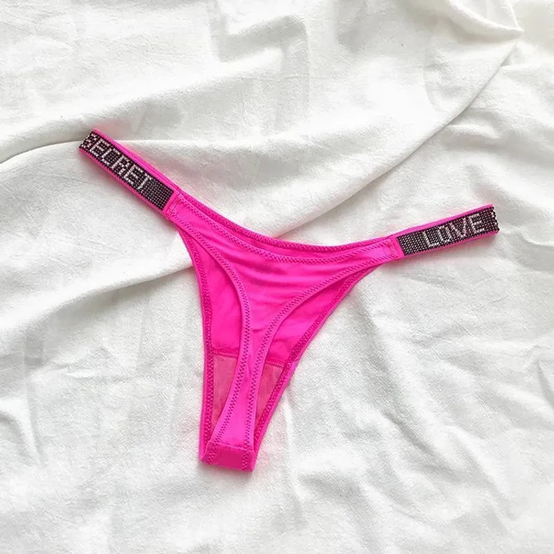 Low Waist Sexy Women Thongs Panties Rhinestones Letter Diamonds G String Sports