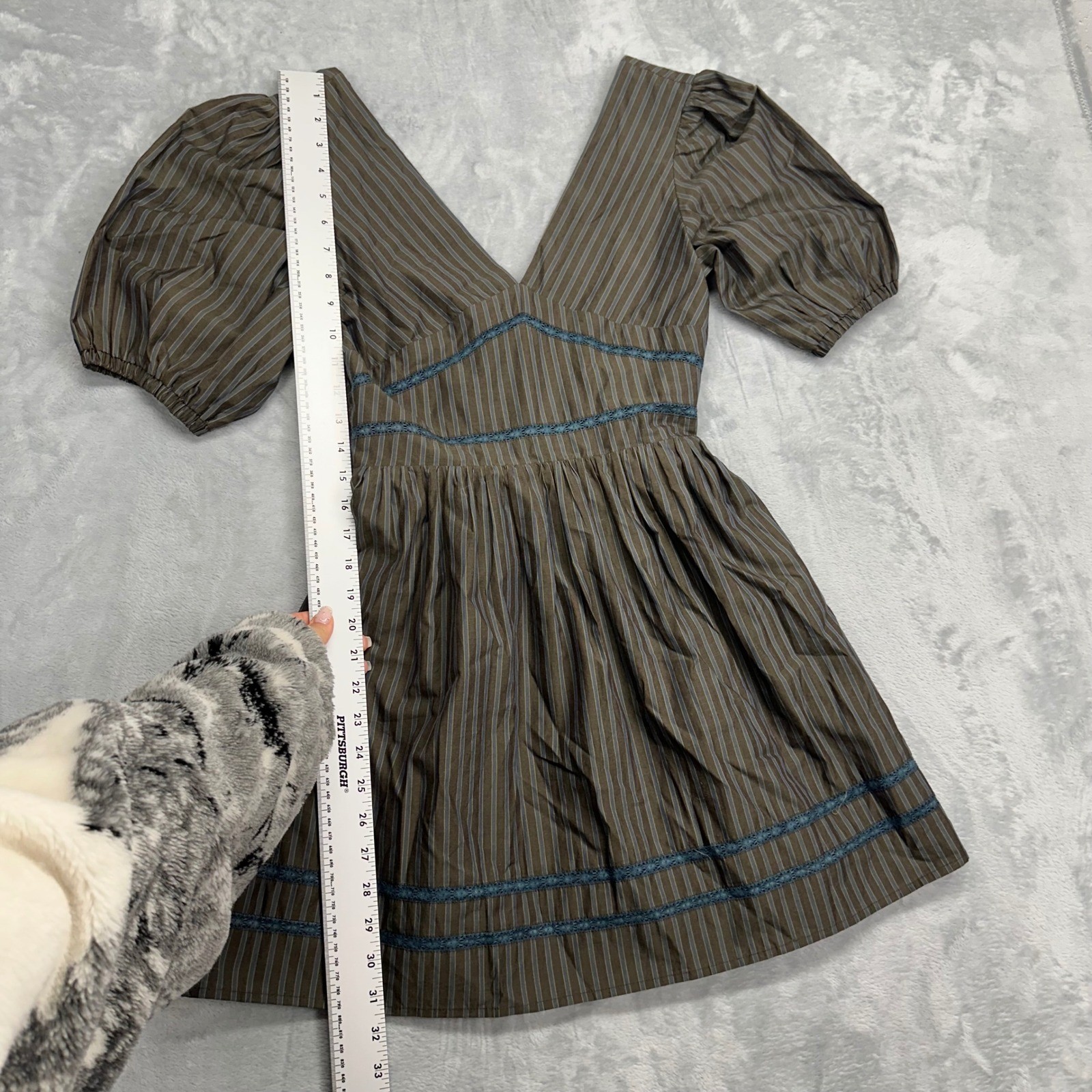 Jacquie The Label Brown Blue Striped Puff Sleeve V-Neck Mini Dress Small Smocked