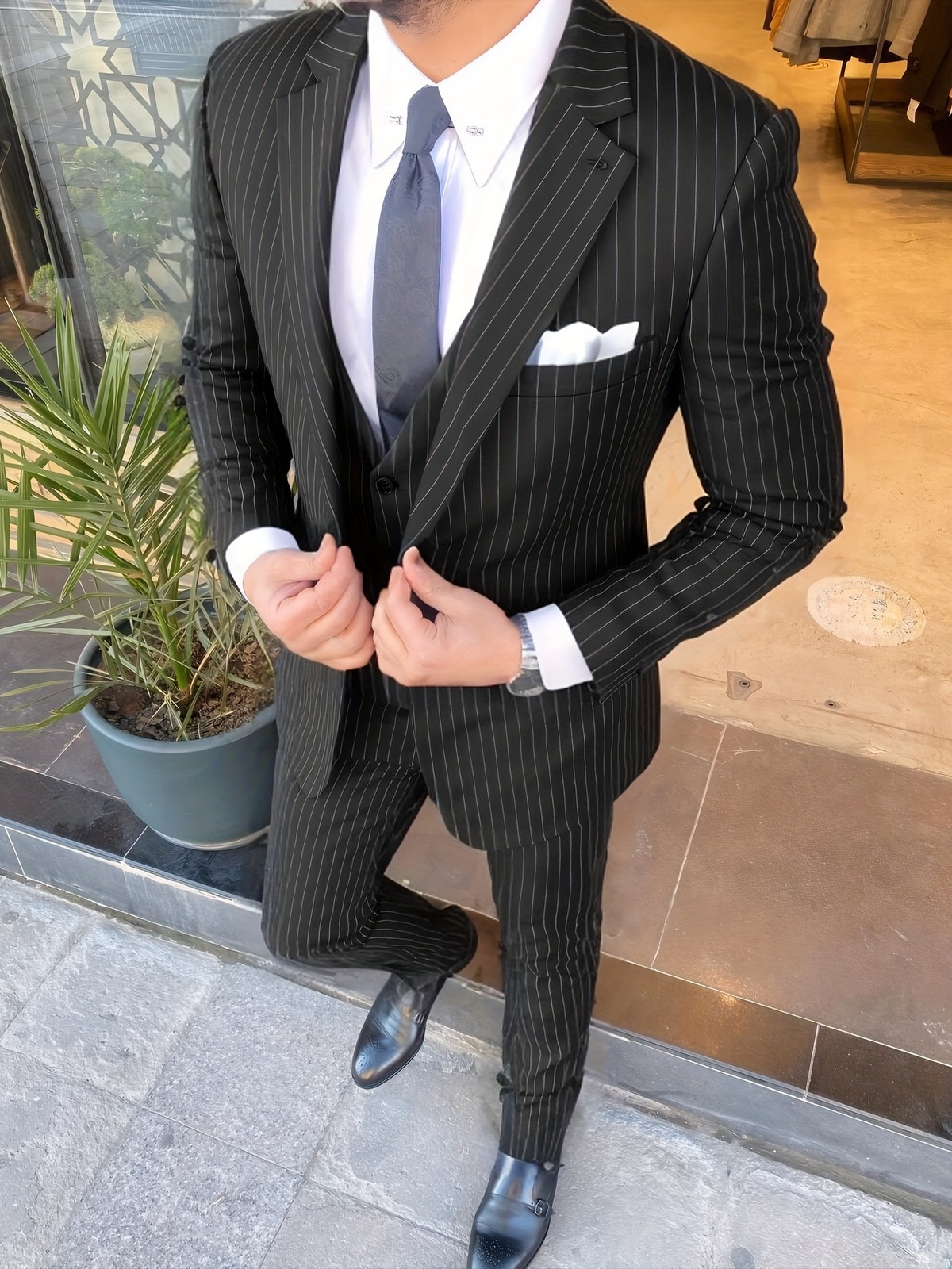 Classic Men’s Regular Fit 3 Piece Pinstripe Suit Waistcoat Formal Business Wear