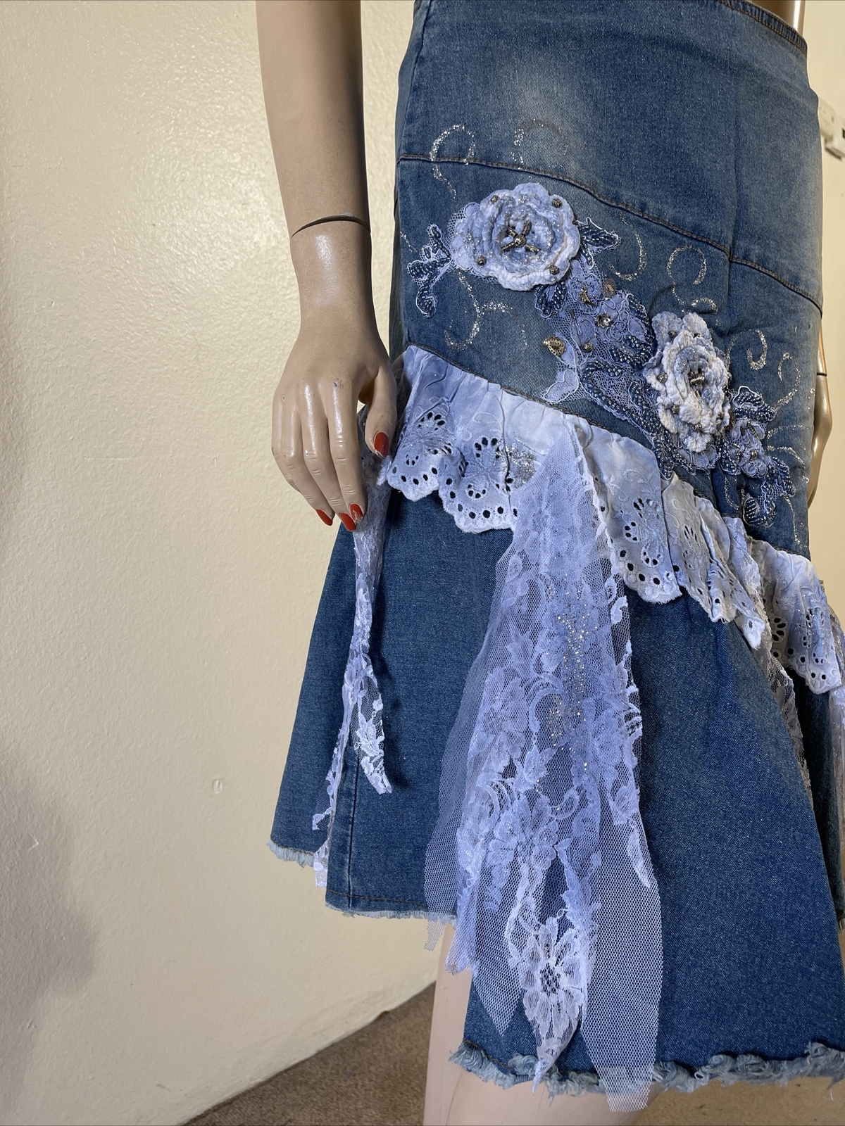 Blue Denim Beaded Embroidery Lace Ruffle Midi Zip Size XL(10-12) Skirt 905