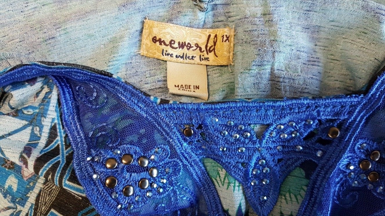 ONE WORLD WOMEN’S BLUE BLACK EMBELLISHED W/ LACE TRENDY TOP PLUS Sz 1X