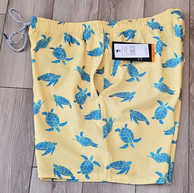 RainForest Mens Swim Trunks Shorts L Pull-On Stretch Waist Lined Turtles Yellow