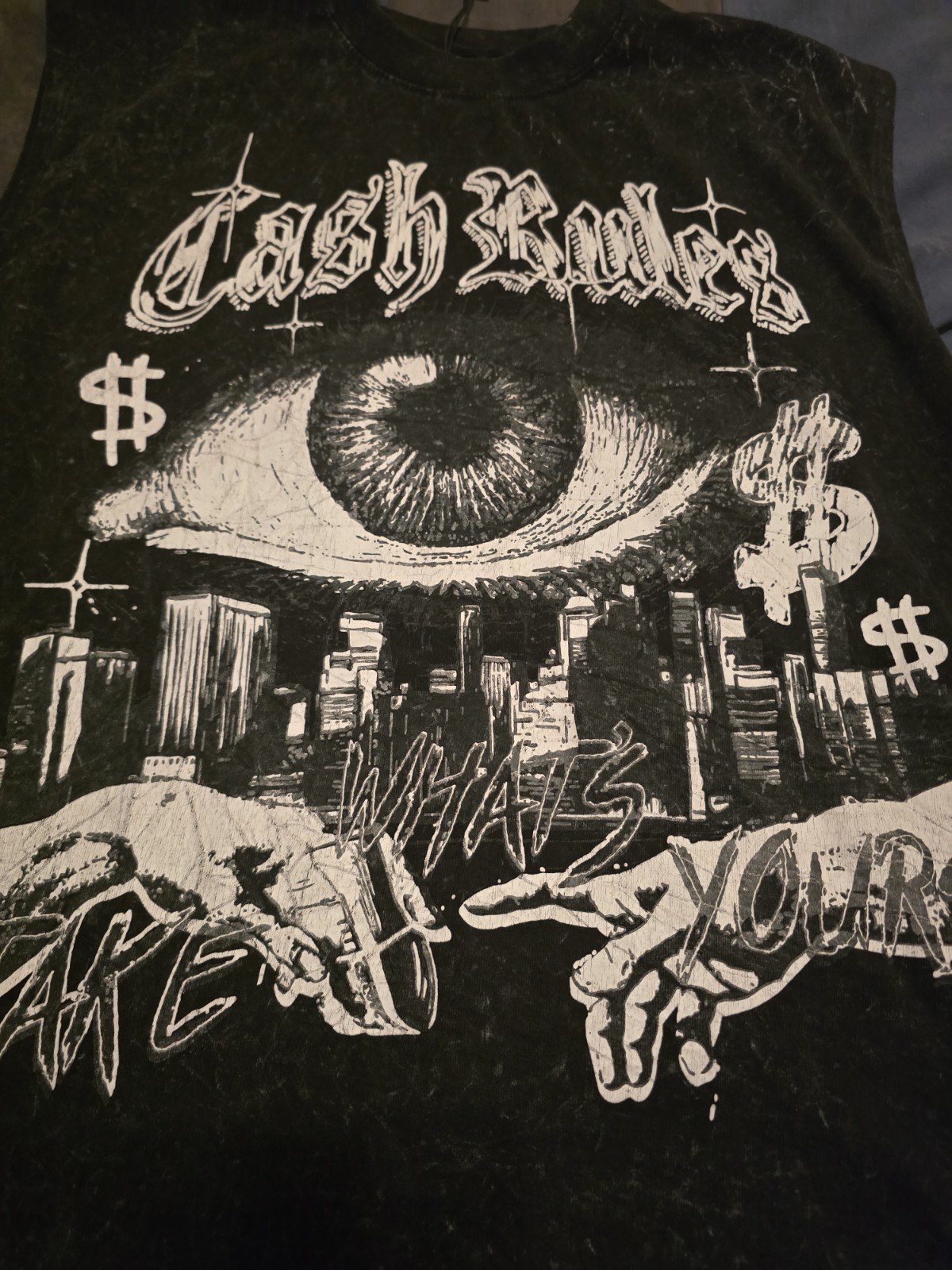 Reason Brand “Cash Rules” size XL Sleeveless Washed Shirt Black.