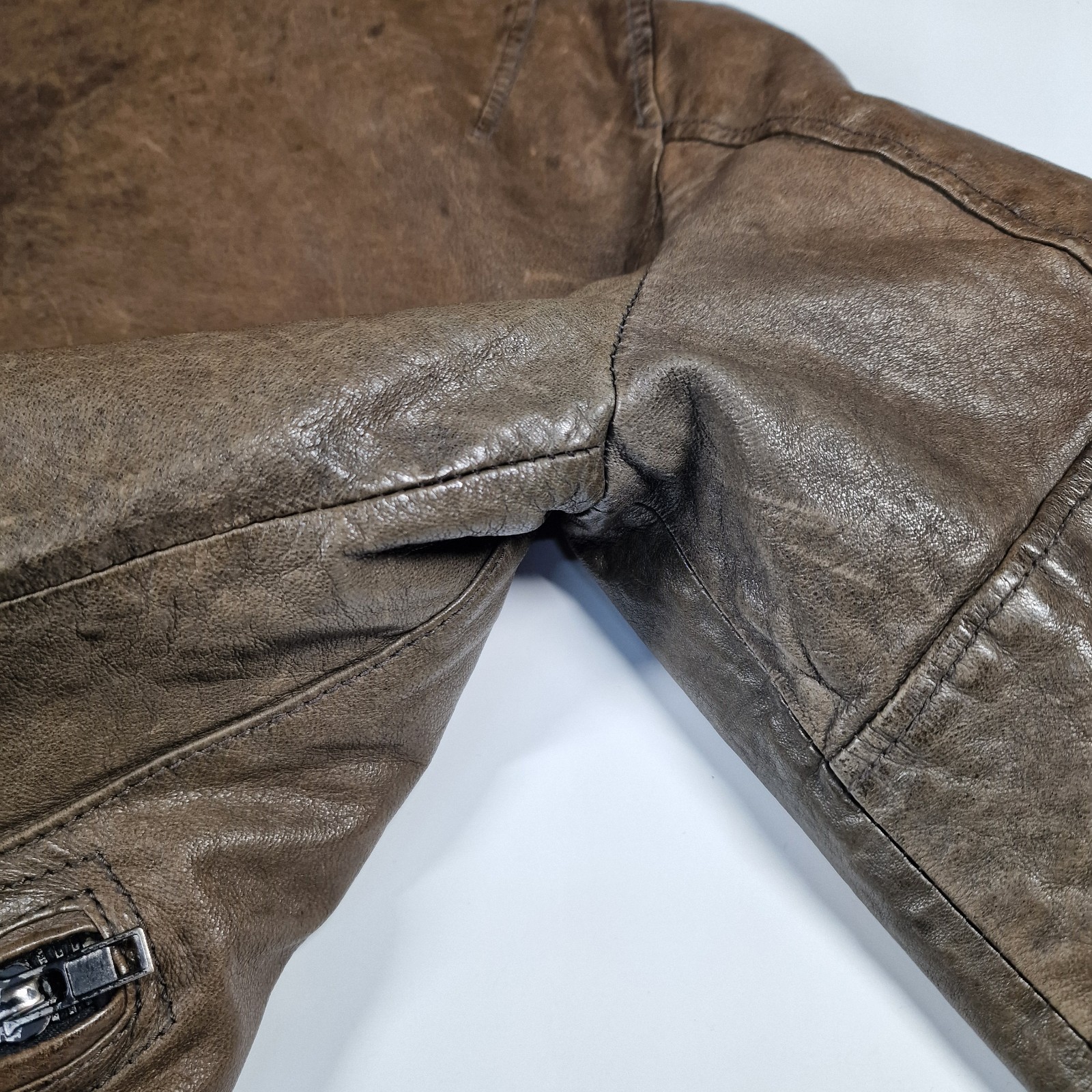AllSaints Spitalfields Brown Distressed Leather Biker Jacket Mens Medium Pockets