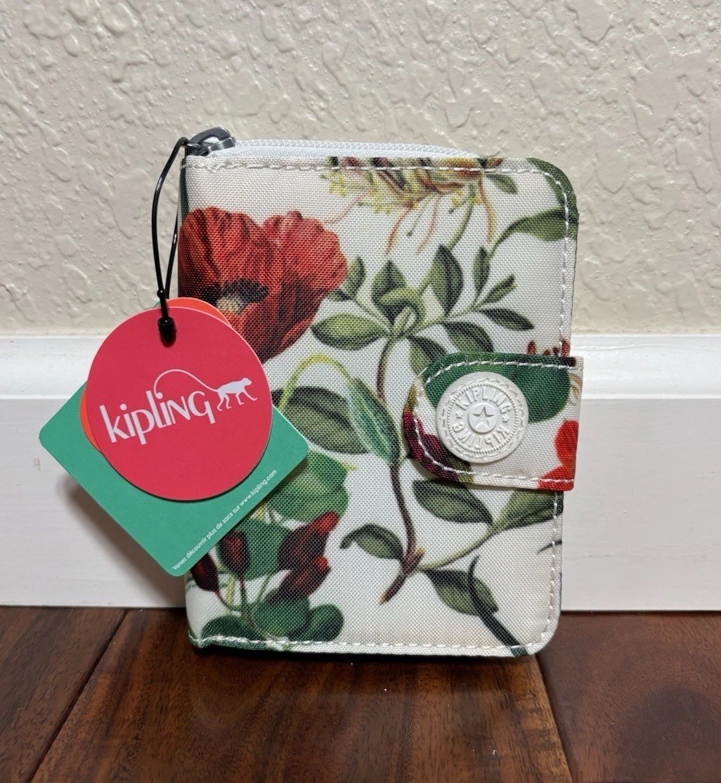 Kipling Floral Print Small Wallet, Button Closure With Various Slots; Brand New