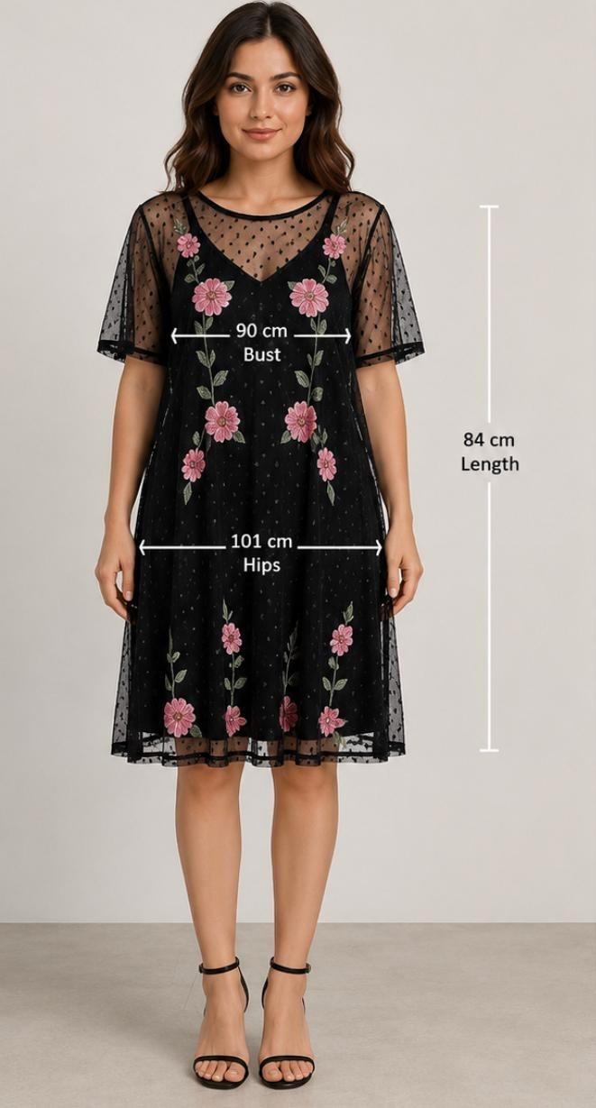Women’s Black Mesh Floral Embroidered Midi Dress Short Sleeve Sheer size 2