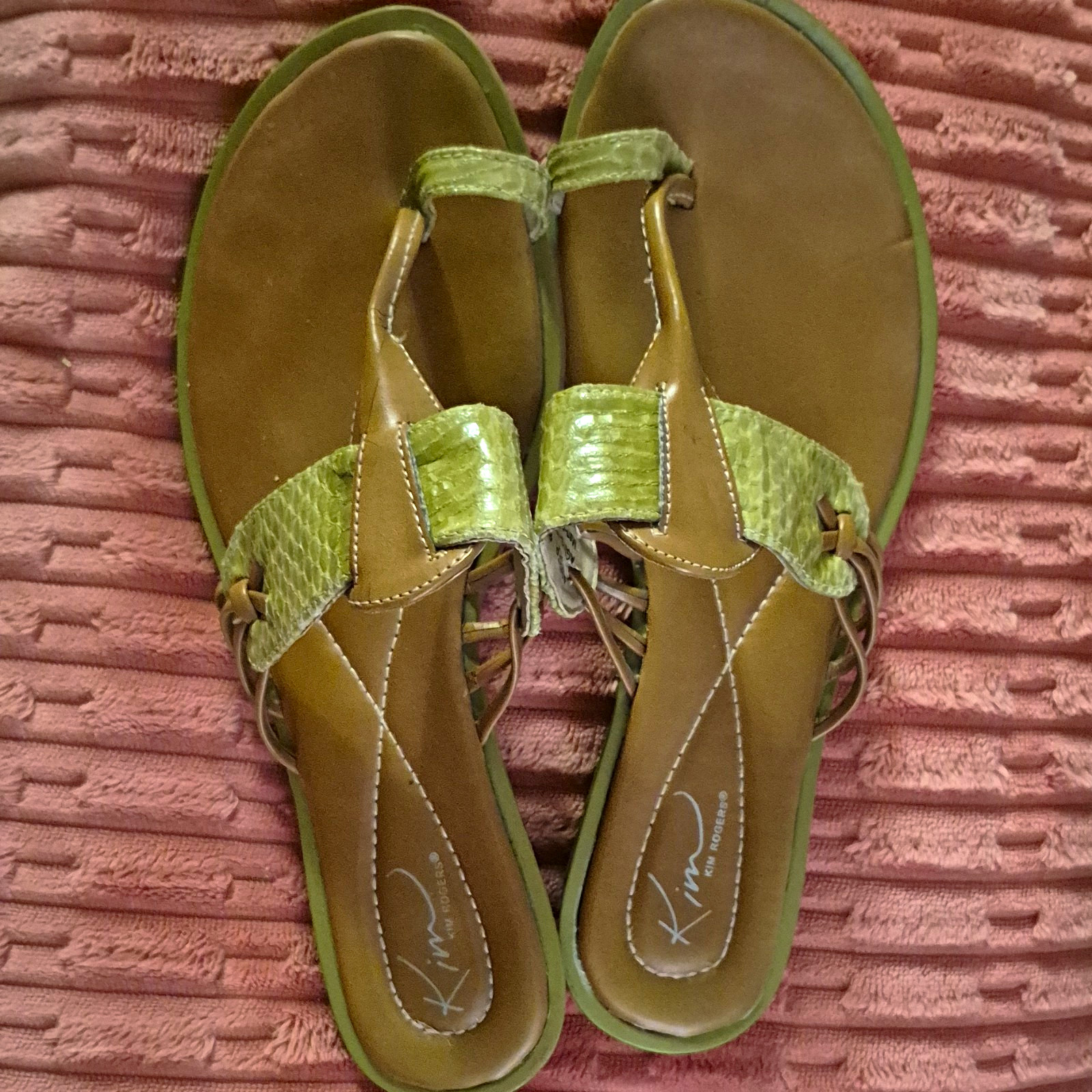 Kim Rogers Women’s Thong Slip-On Sandals Leather Brown Green Knot Size 8