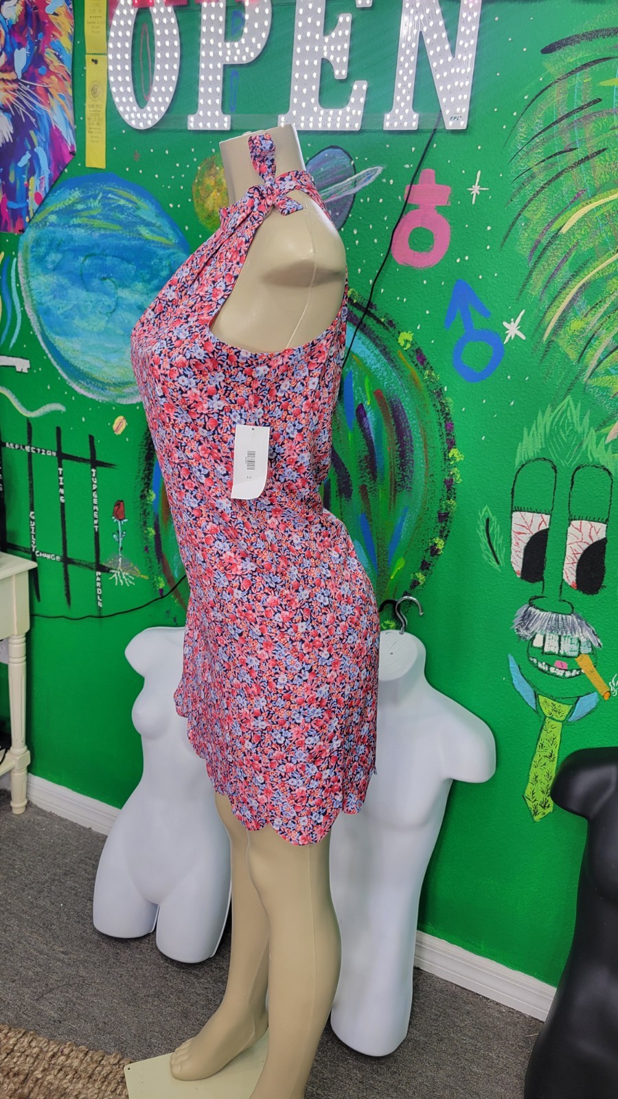 Maison Jules Floral Halter Tie-Neck Keyhole A-Line Short Dress Pink/Blue Sz S