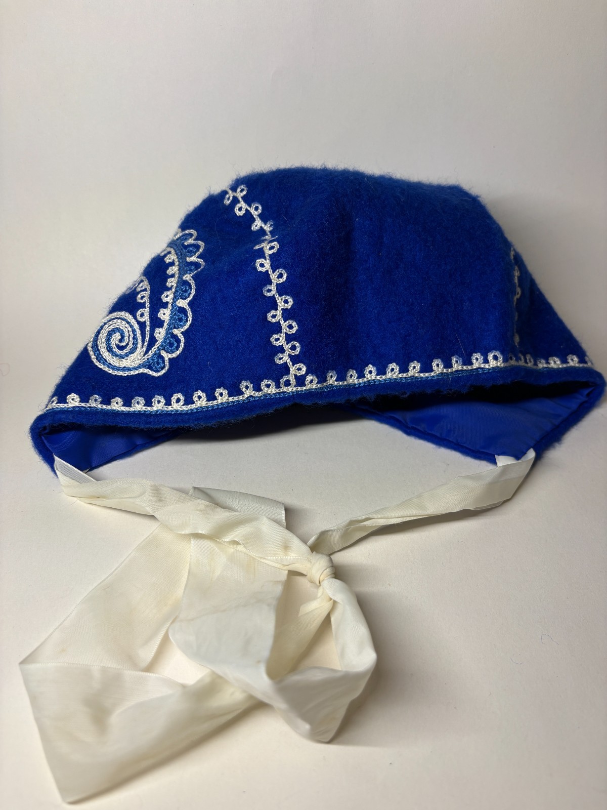 Traditional Folk Felted Baby Bonnet with Hand Embroidered Details & Tassel