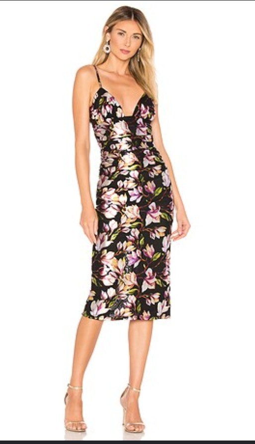 NBD Revolve Deidre Midi Dress Black Pink Floral Ruched Cocktail Wedding Guest L