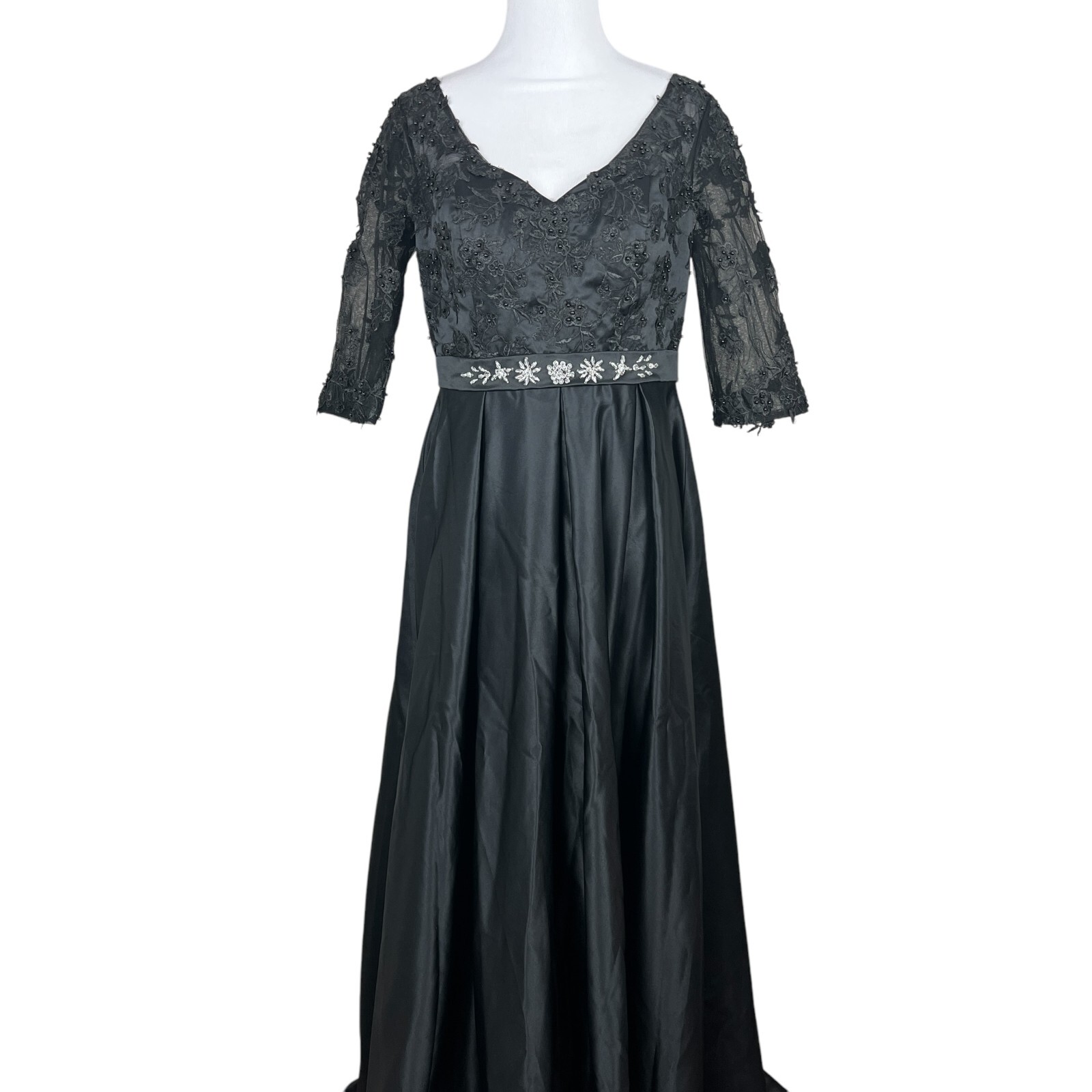 Formal Gown Dress 10 Black Floral Applique Beaded A-Line Evening Long Whimsigoth
