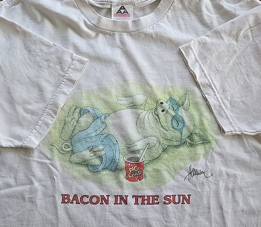 Vtg 90s Bacon In The Sun T Shirt Large White Alstyle Pig Gulp Harrison Graphic