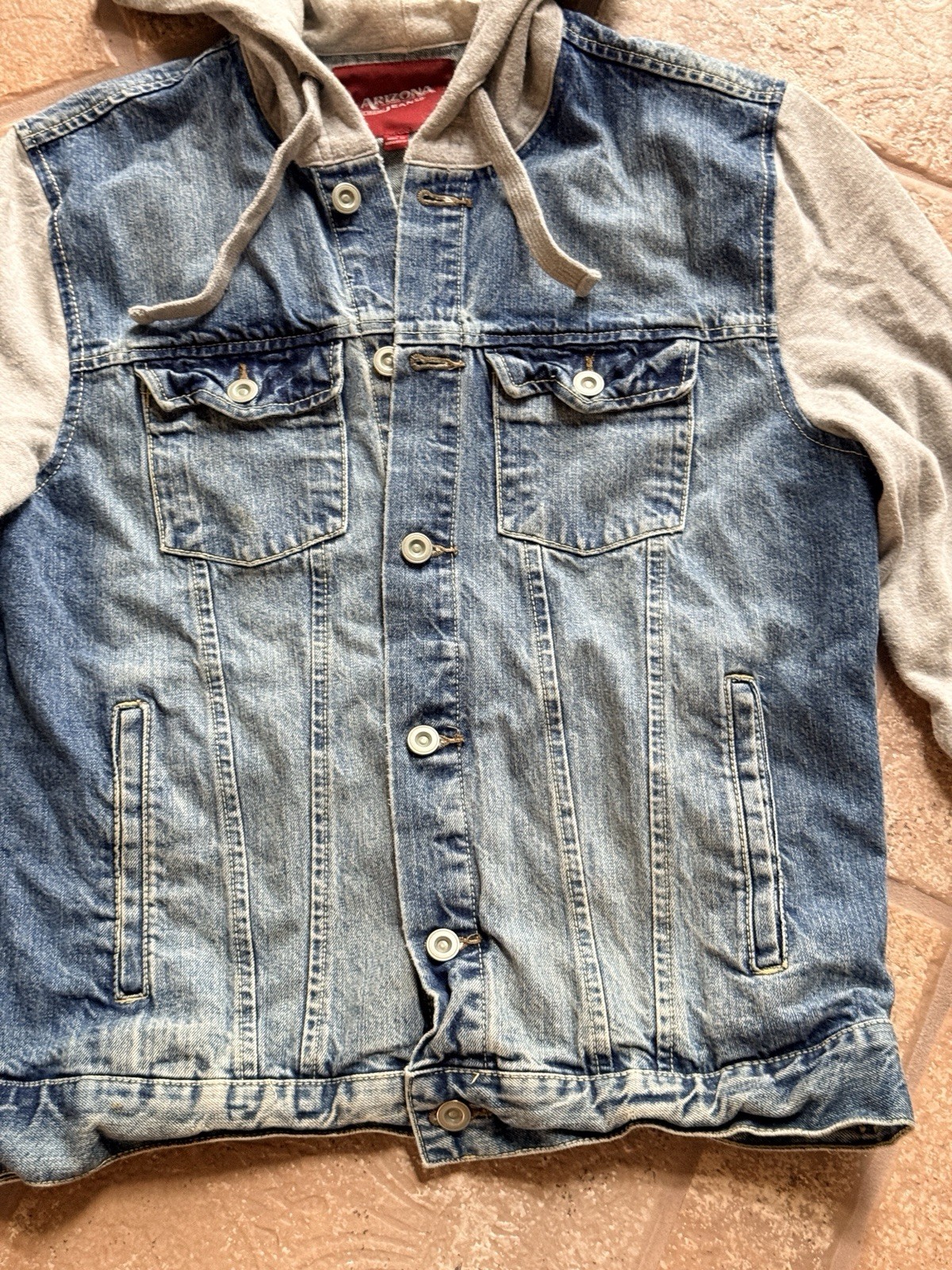 Arizona Jean Hooded Jacket Sz S Denim Button Up Blue Hybrid Trucker Distressed