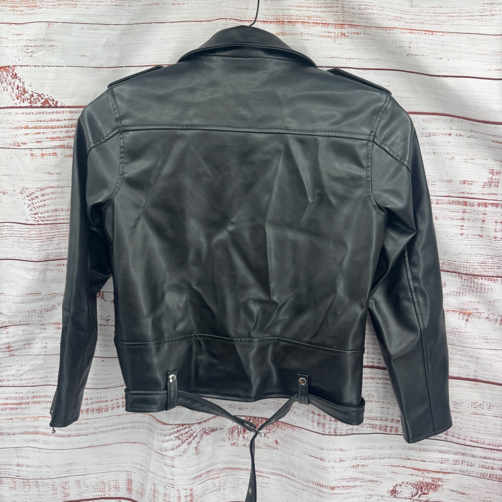 Straight to Hell Moto Jacket Large Black Faux Leather Red Quilted Lined Belted