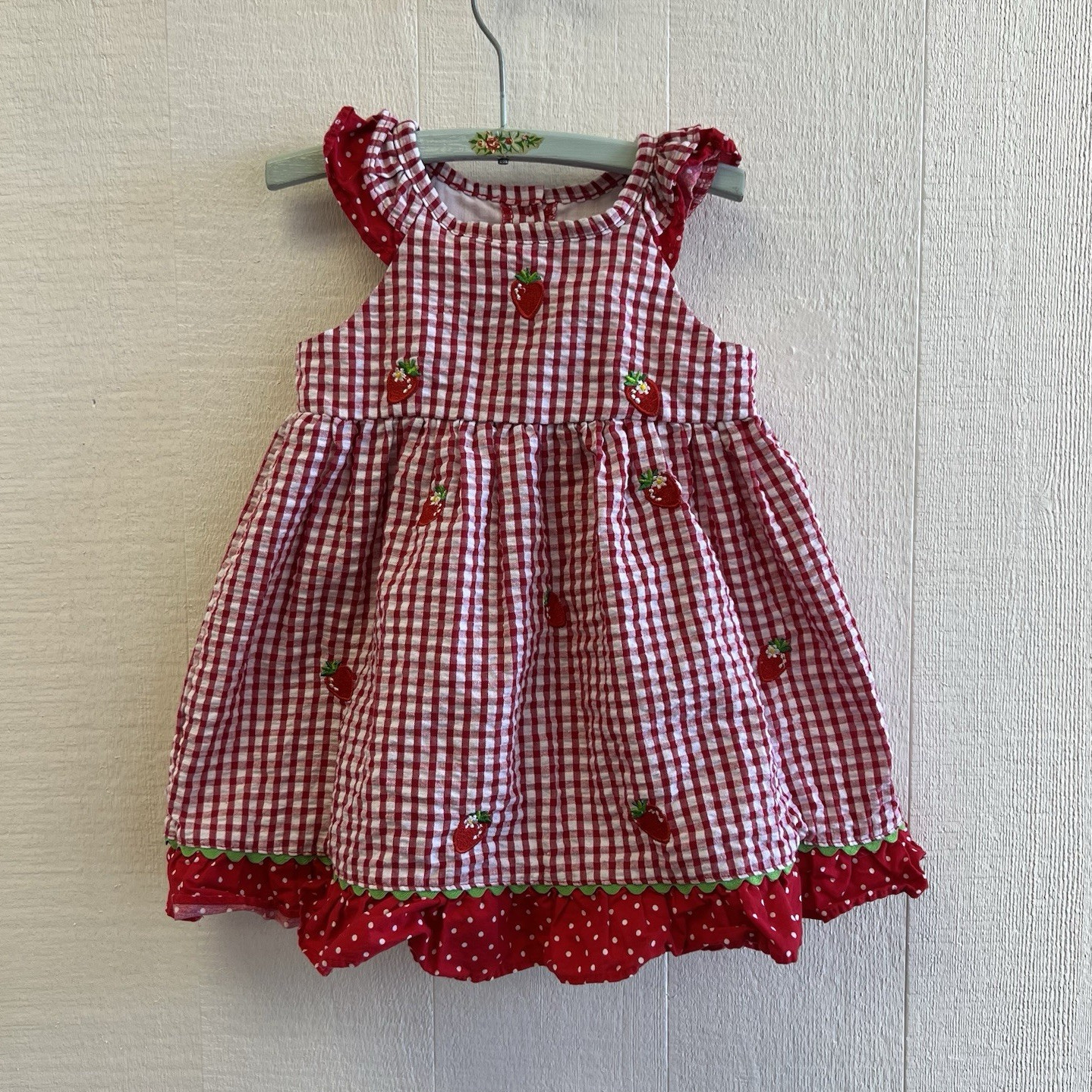 Rare Editions Girls 18M Red/White Gingham Strawberry Embroidered Sundress Ruffle