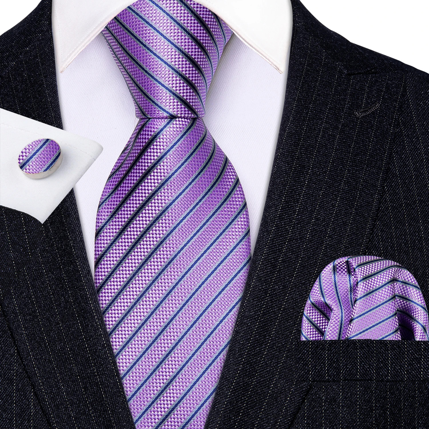 Silk Jacquard Tie Set Floral Violet Necktie Hanky Cufflinks Wedding Men’s Ties