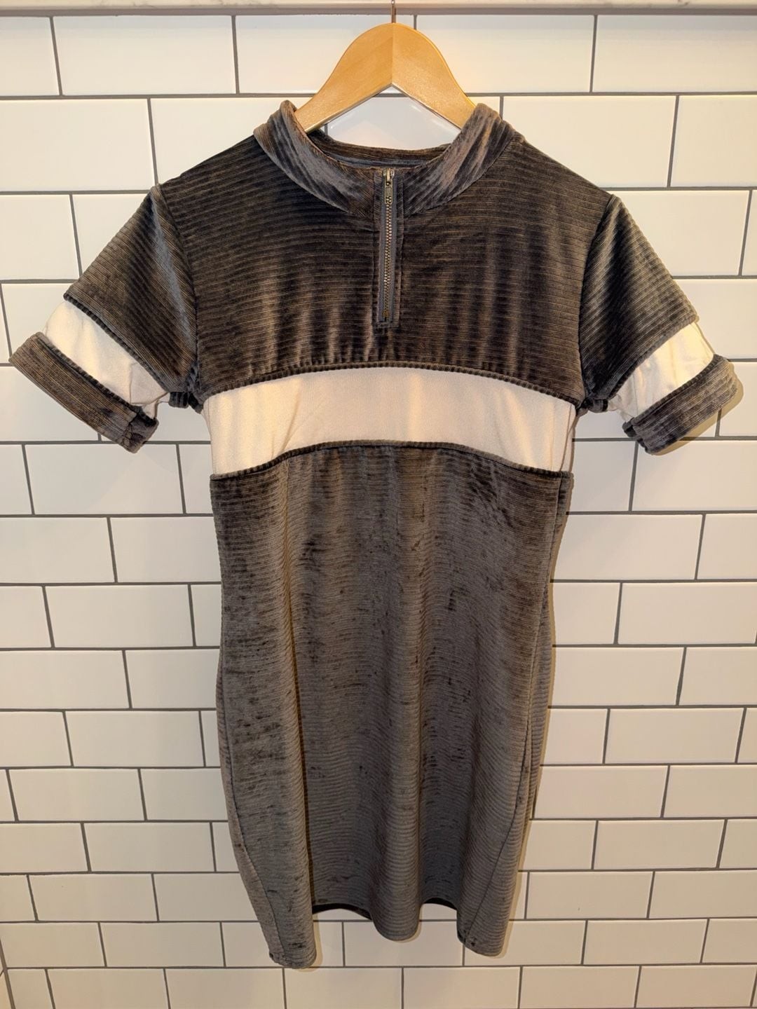 POL Sporty Charcoal Velvet Colorblock Quarter-Zip Mini Dress