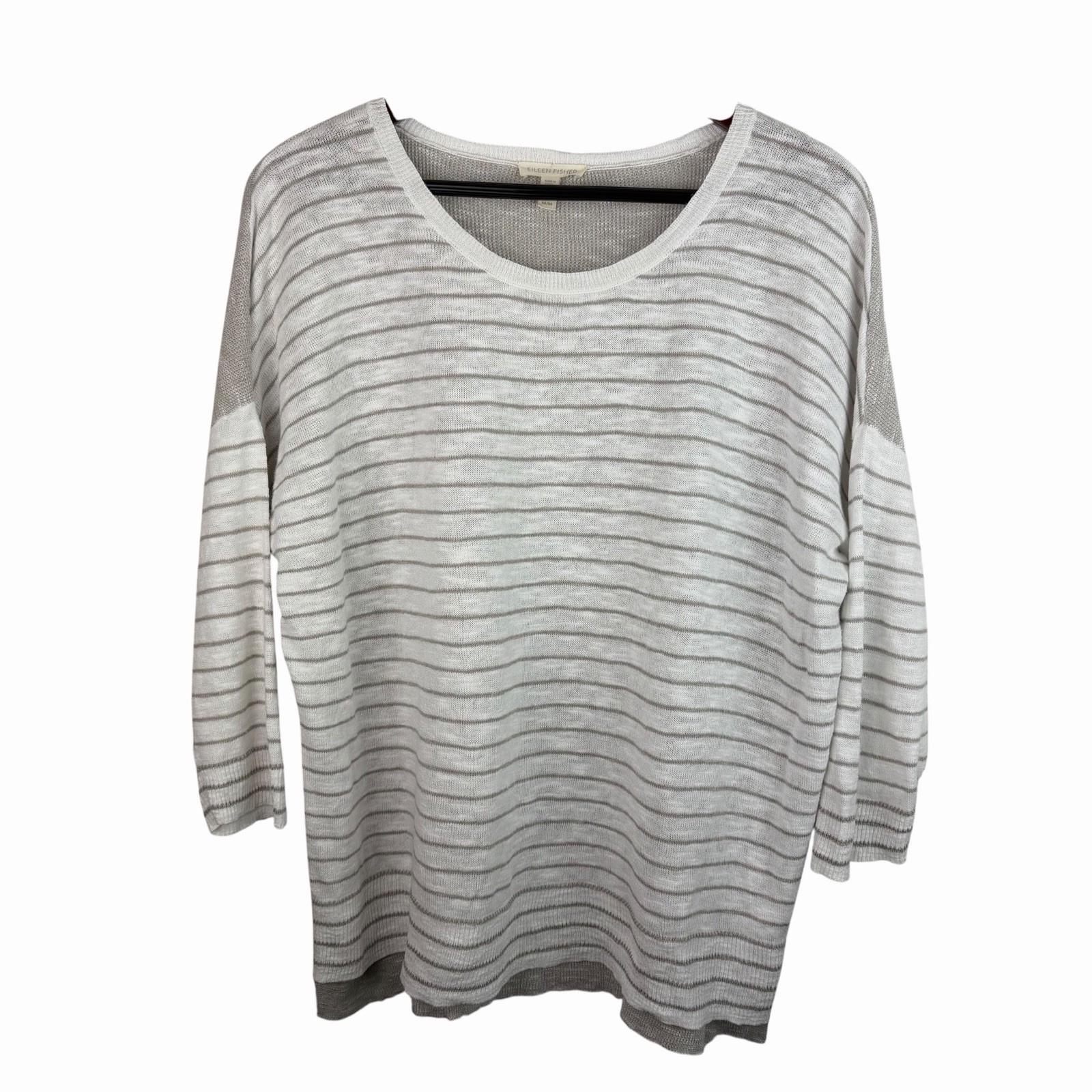 Eileen Fisher Size Medium White Gray Stripe Organic Linen Cotton Top Summer Cool