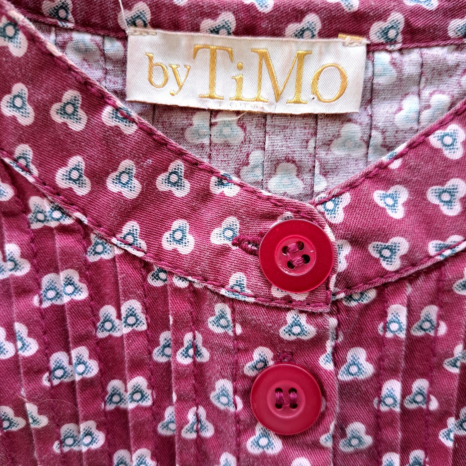 by TiMo Structured Cotton Shirt in Cranberry Floral Dots Medium Puff Sleeve