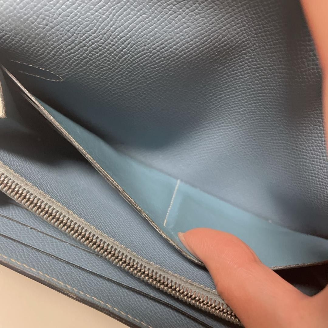 HERMES Paris Kelly Long Wallet Blue Jean Silver Folding Turn Lock Authentic