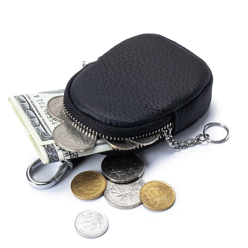 Genuine Leather Small Coin Change Wallet Purse w/Key Ring Earphones Storage Bag