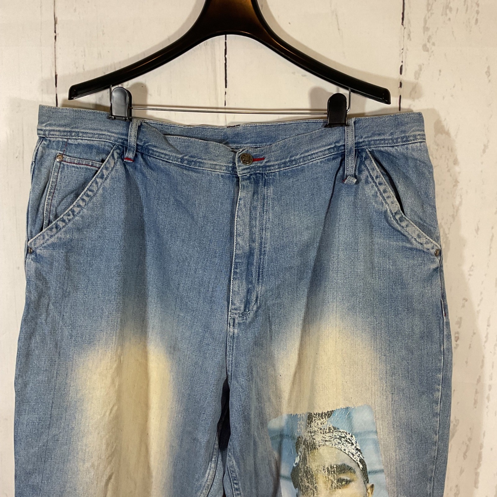 Tupac Makaveli Jeans 42×34 Baggy Denim Fade Graphic Hip Hop Y2K Grunge Rap 90s