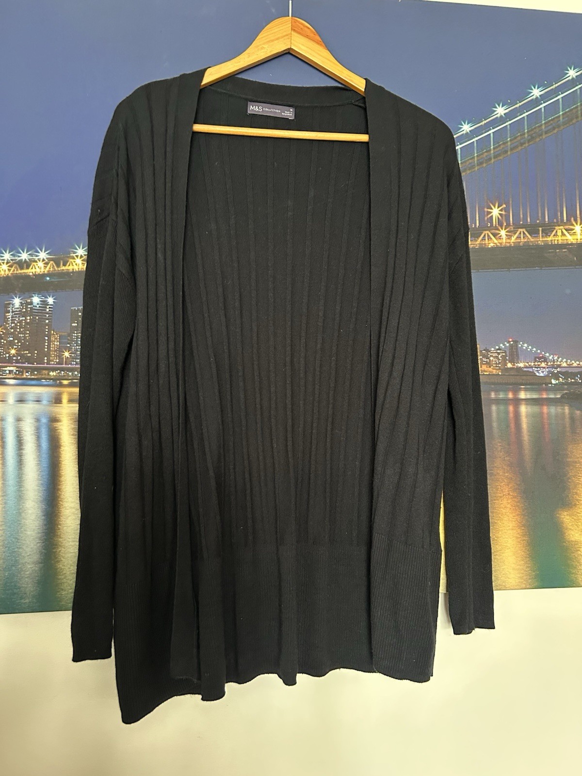 Classic Black Ribbed Open front Long line Cardigan – M&S Collection Size Medium