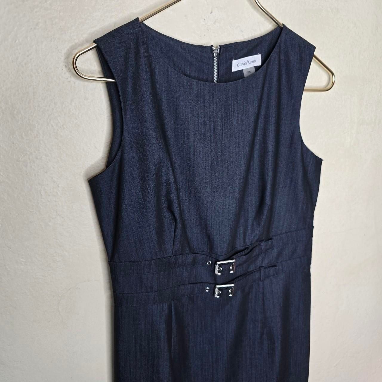 Calvin Klein Sleeveless Navy Blue Denim Buckle Waist Sheath Dress