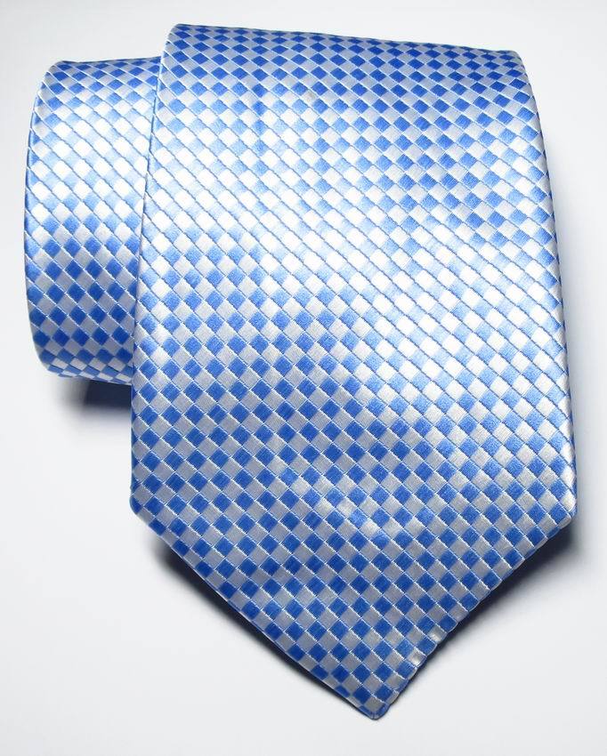 New Classic Checks Light Blue White JACQUARD WOVEN 100% Silk Men’s Tie Necktie