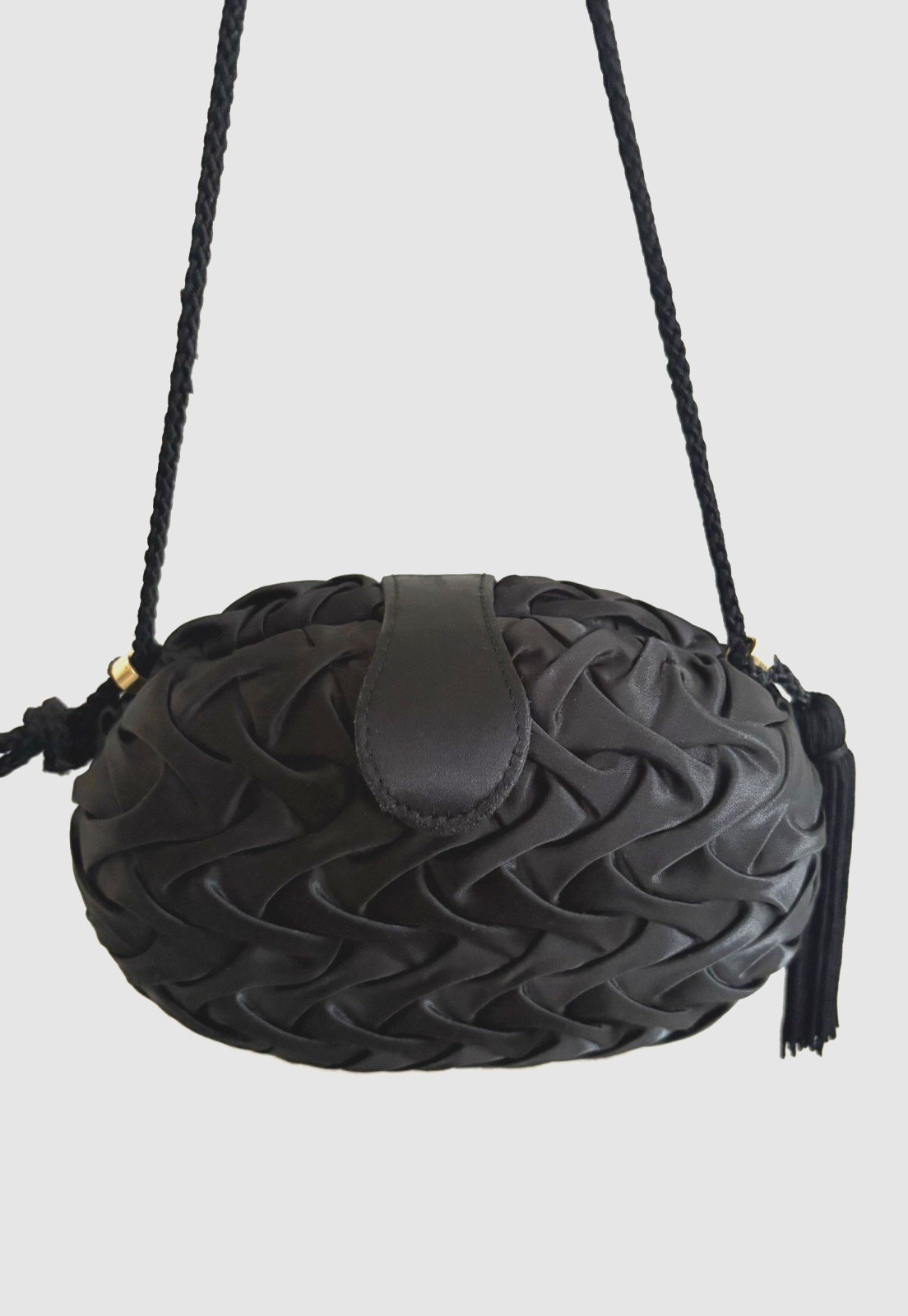 La Regale Handmade Black Satin Woven Crossbody Clamshell Evening Bag Tassel
