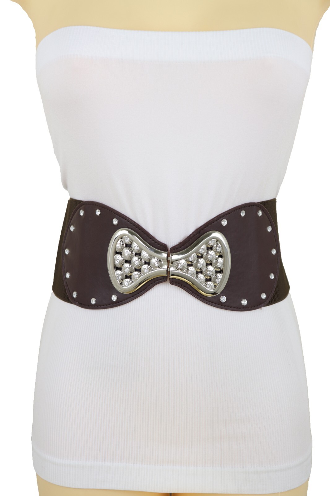 Women Dark Brown Wide Elastic Gift Present Belt Silver Metal Bow Tie Buckle S M