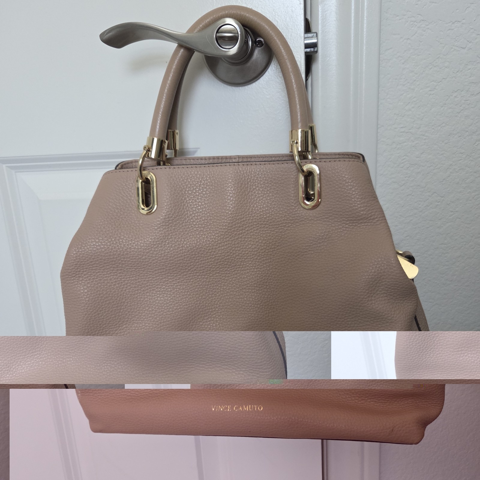 Vince Camuto Elva Handbag Black Pebbled Genuine Leather, Satchel Tan Camel