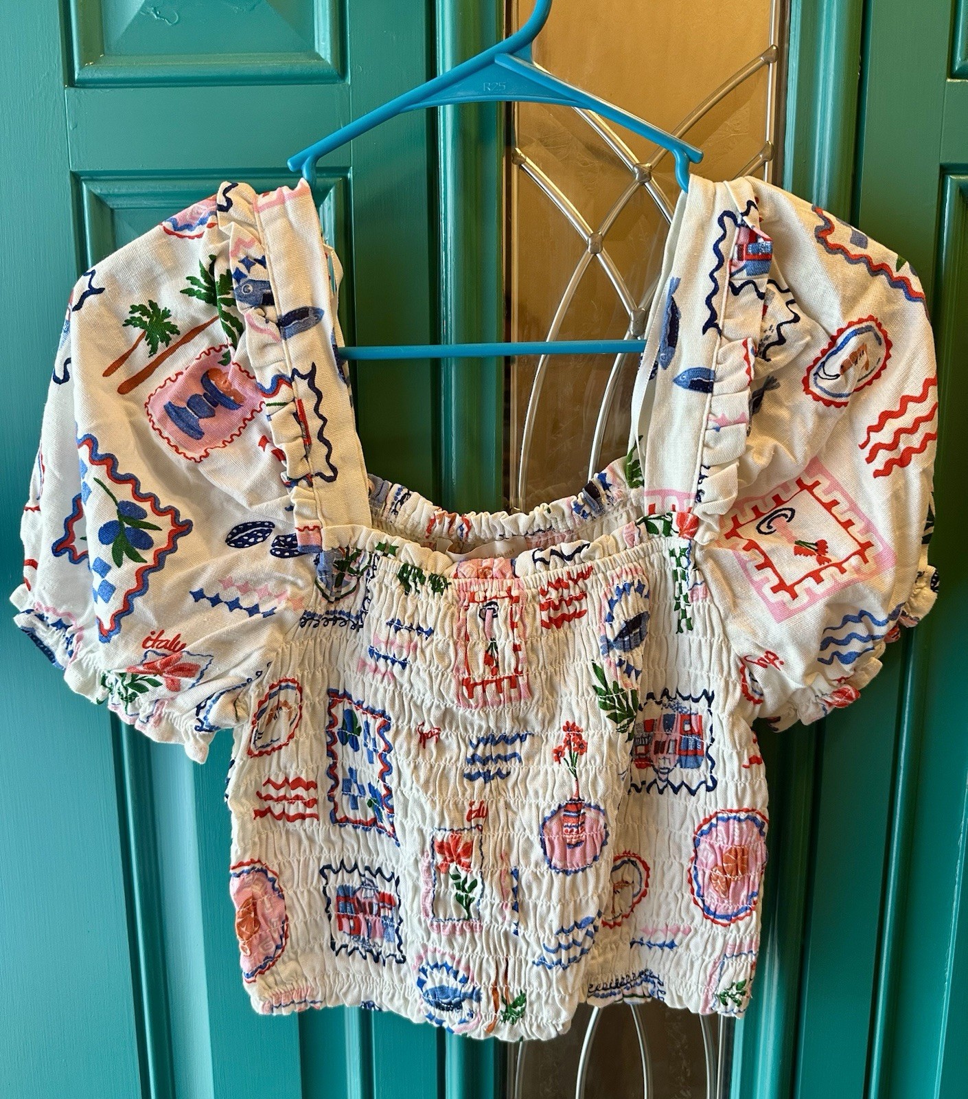 Monteau Novelty Stamp Print Smocked Puff Sleeve Crop Top Italy Resort Linen M