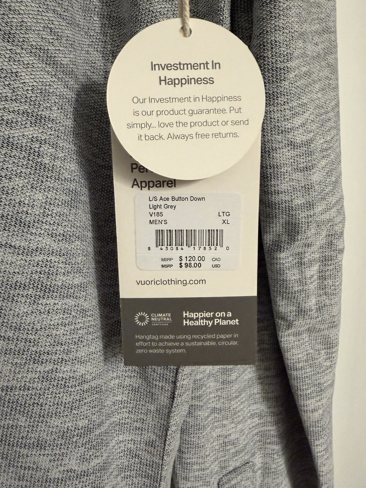 Vuori L/S Ace Button Down Shirt Men’s XL Light Grey V185 NWT Performance Pique
