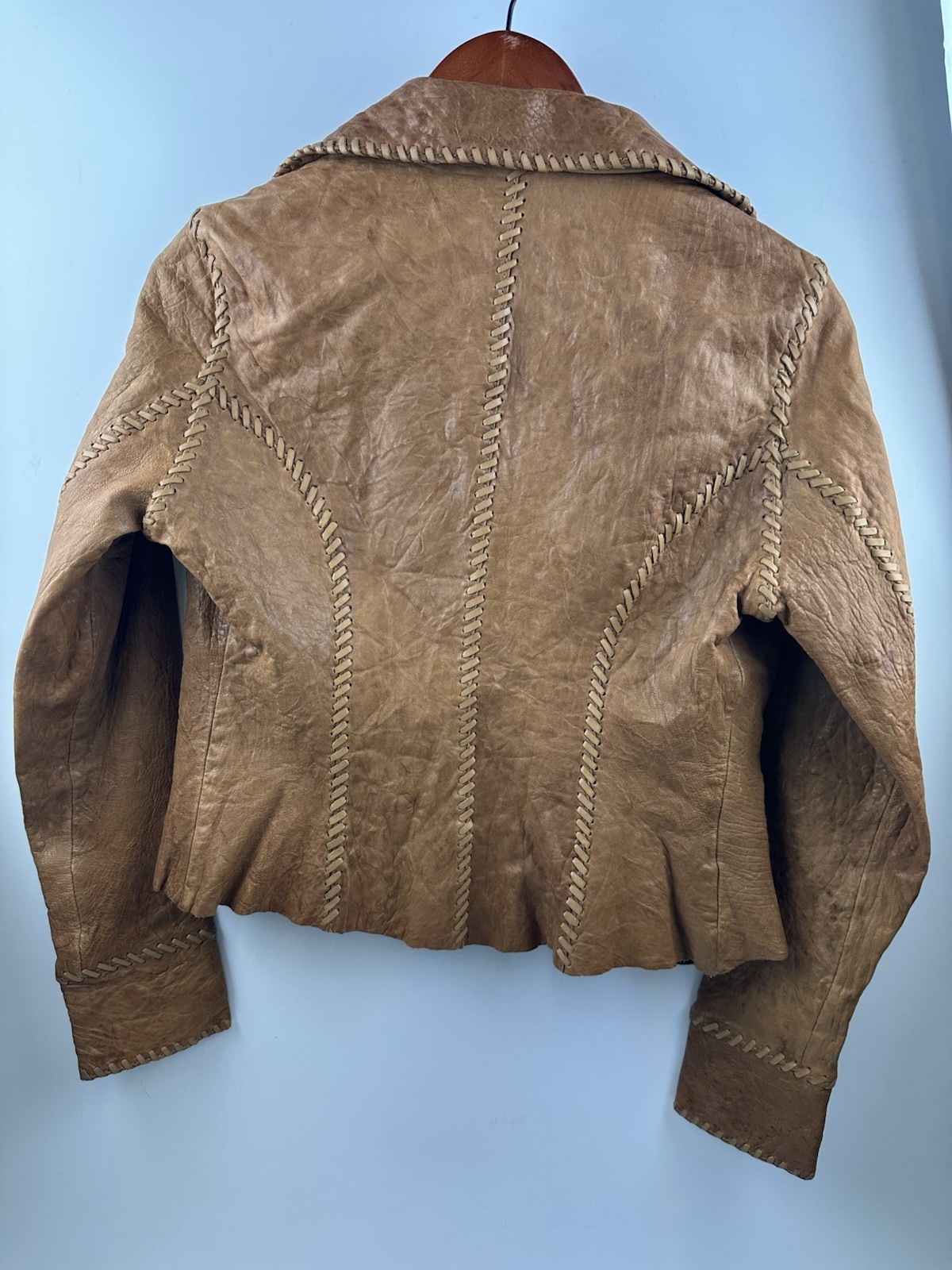 My Tribe Jacket Orange Thick Leather Whipstitch Lined Metal Button Small USA S