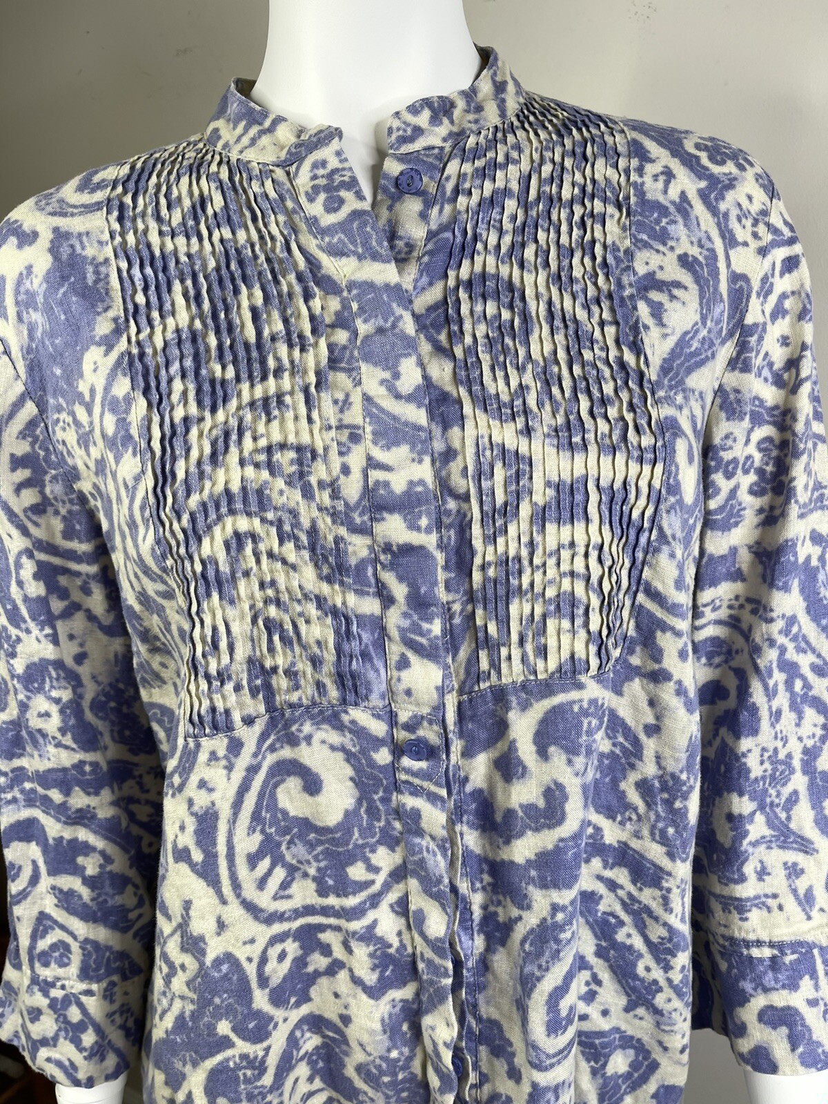 COLDWATER CREEK Womens Button TOP 3/4 Sleeve PURPLE Beige Linen Size P XL