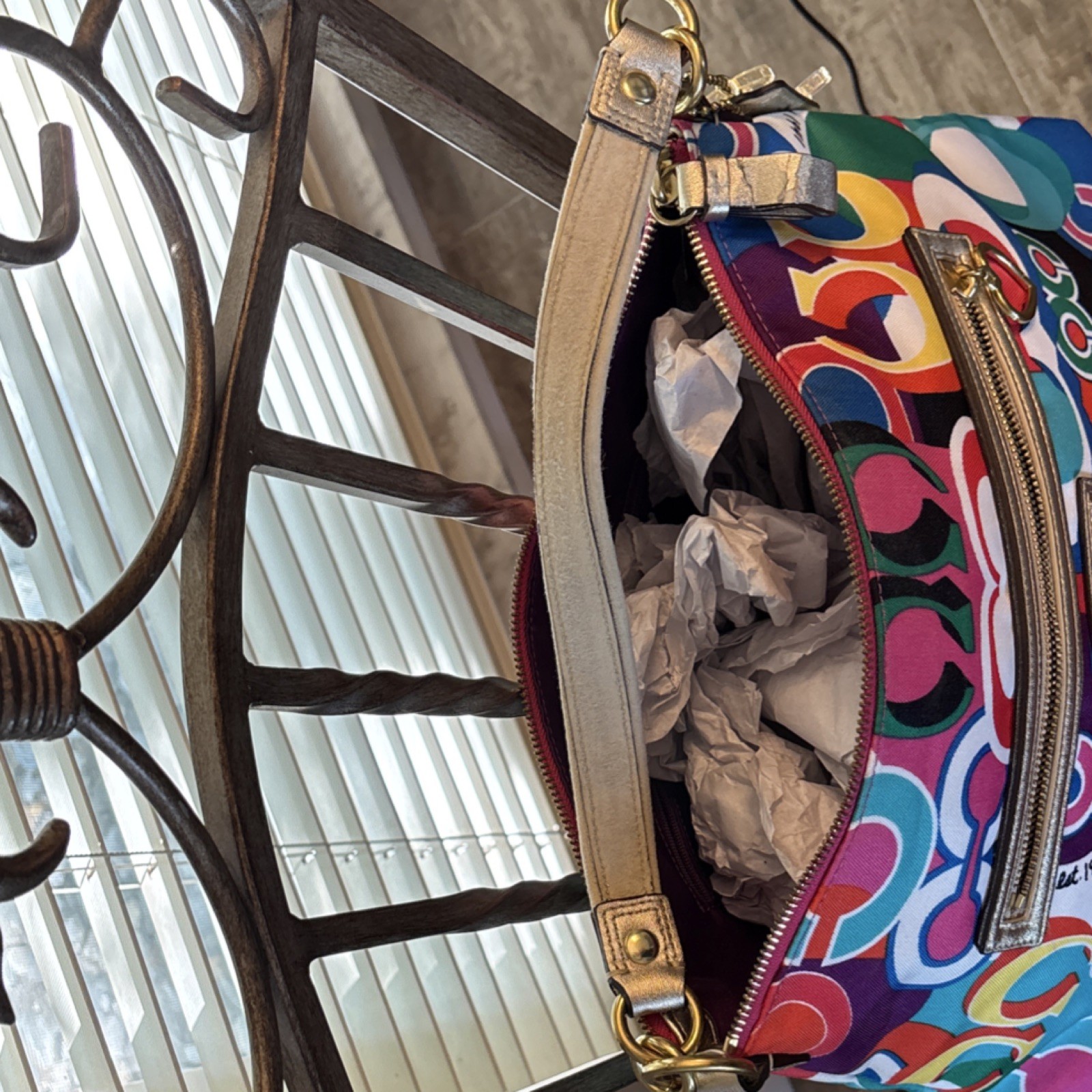 Coach Multicolor Logo Print Shoulder Bag Gold Hardware Metallic Trim Heart Charm