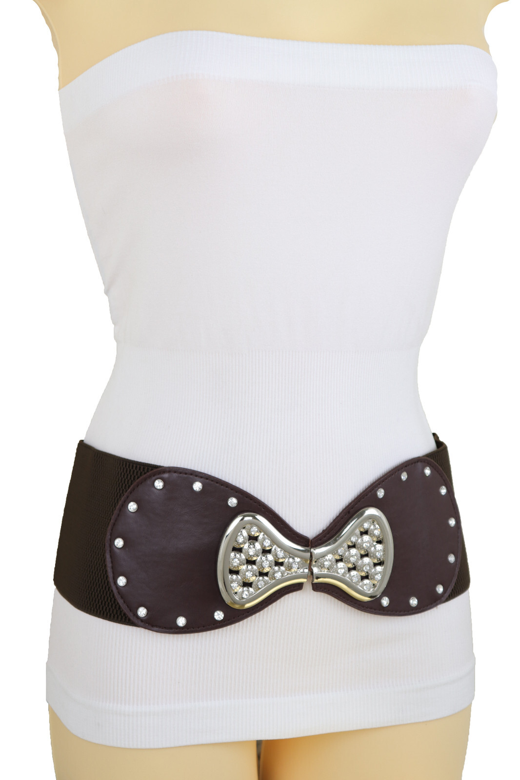 Women Dark Brown Tone Wide Elastic Belt Bling Silver Ribbon Bow Tie Buckle S M