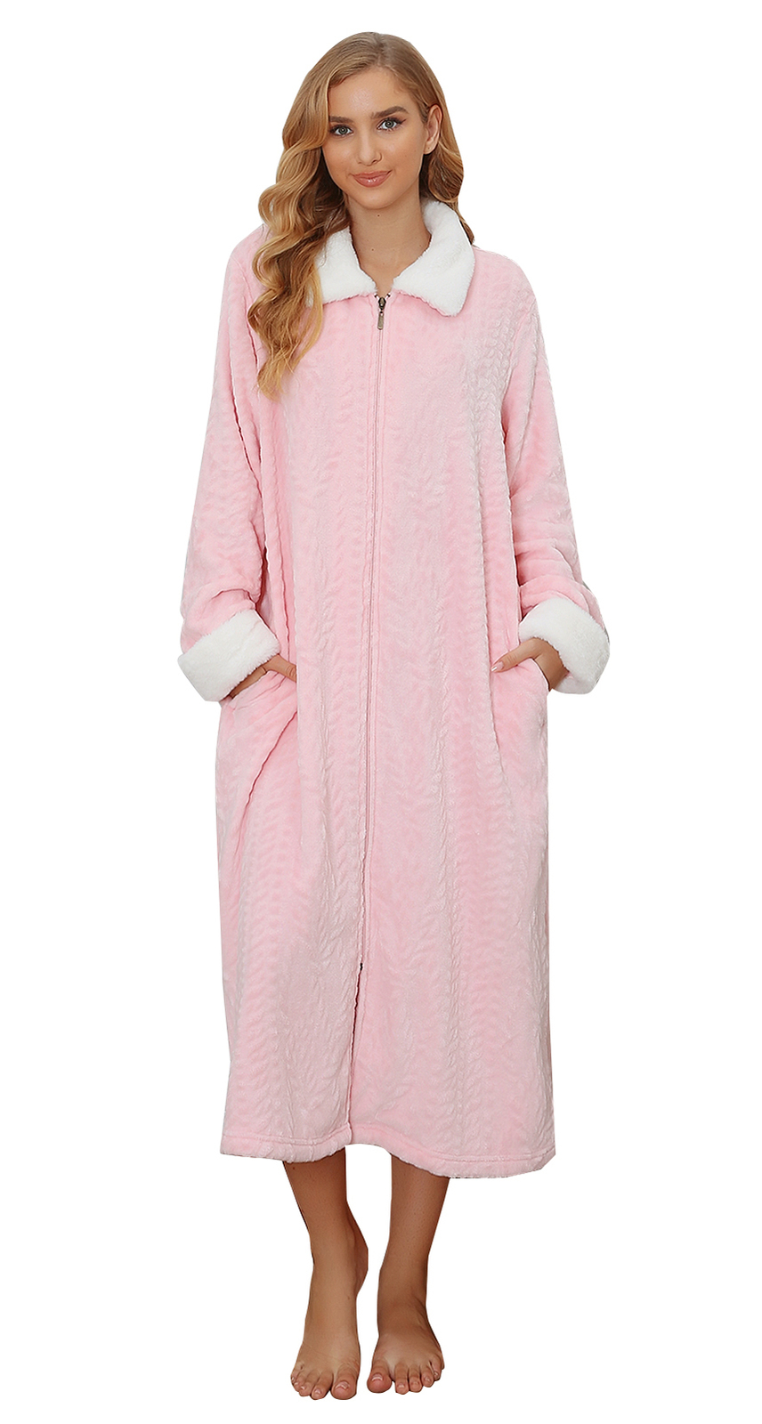 RH Women Fleece Robe Plush Long Zip Front Warm Soft Zippered Bathrobes RHW4047