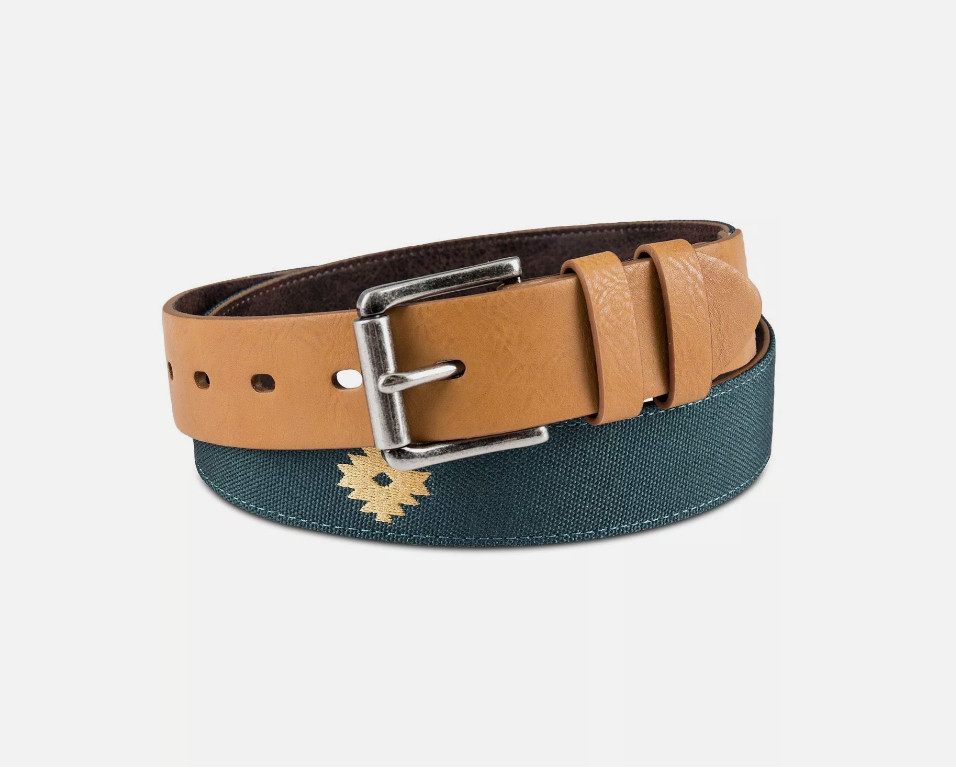 SUN + STONE Men’s Faux Leather Southwestern Fabric Belt Green S/M 30 32 34 36