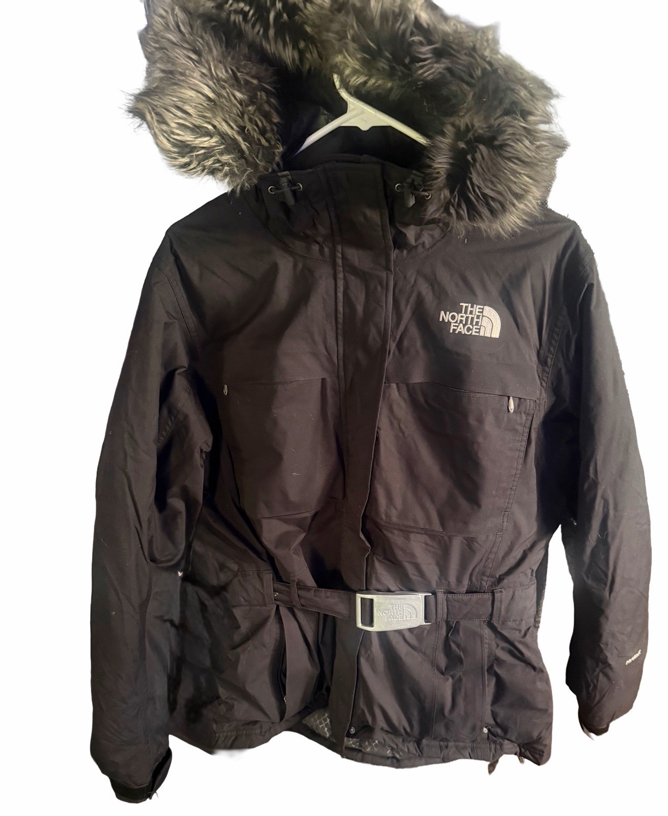 The North Face Women’s Black Hooded Parka Faux Fur Trim Belted Down Size L